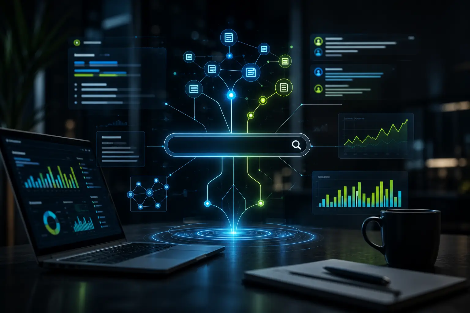 AI SEO Services dashboard showing search optimization, content signals, and visibility growth